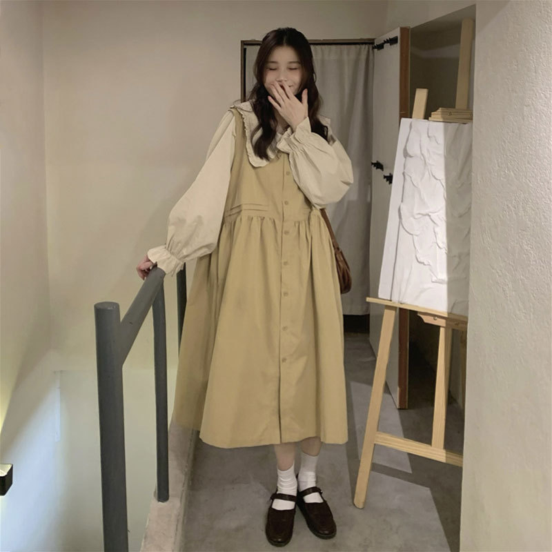 Plus Size Women's Clothing, Autumn Korean Style Loose Slimming Retro French Doll Collar Shirt Vest Dress Two-Piece Set
