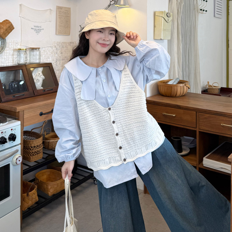 Plus Size Women's Clothing for Fat Girls, Autumn Korean Style Loose Slimming Look Doll Collar Long-Sleeved Shirt + Embroidered Vest + Jeans Set