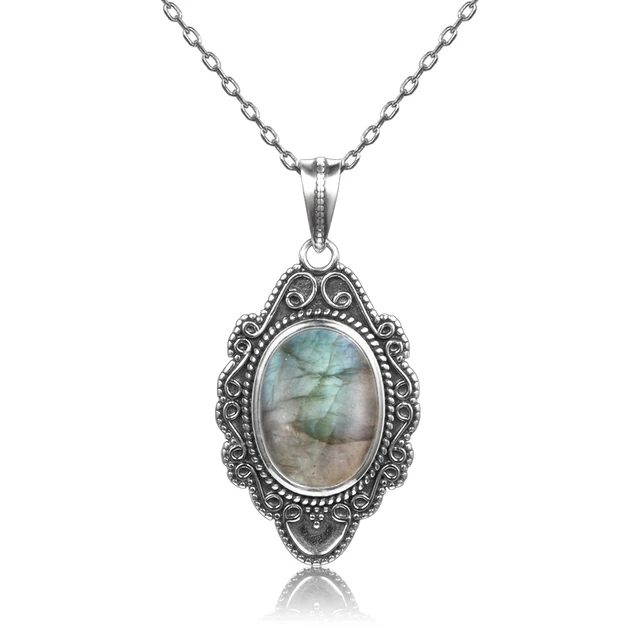 Cross-border Heat Sale Retro Hidden Silver Necklace Inlaid Natural Rafeldspar Moon Light Stone Pendant Bronze Necklace-Taobao