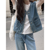 Retro denim waistcoat female small sub loose reduced-age port wind short V collar Japanese vest laminated wearing waistcoat thin section