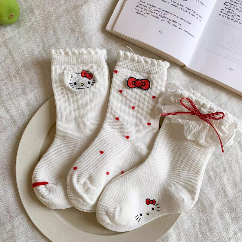 Girls' Socks, Winter Style, Pure Cotton Mid-Calf Socks, Hello Kitty Cat, Sweet Spring and Autumn Mid-Calf Socks, Sweet Student Socks