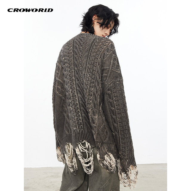 CROWORLD holed beard print sweater new needle thick cable loose top cardigan ແບບດຽວກັນສໍາລັບຜູ້ຊາຍແລະແມ່ຍິງ