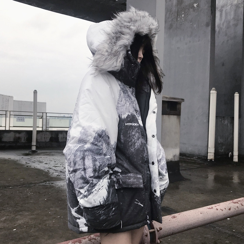 HYPOEKAI Snow Mountain printed collage hip hop sign thickened warm men and women lovers Mao collar coat cotton suit jacket