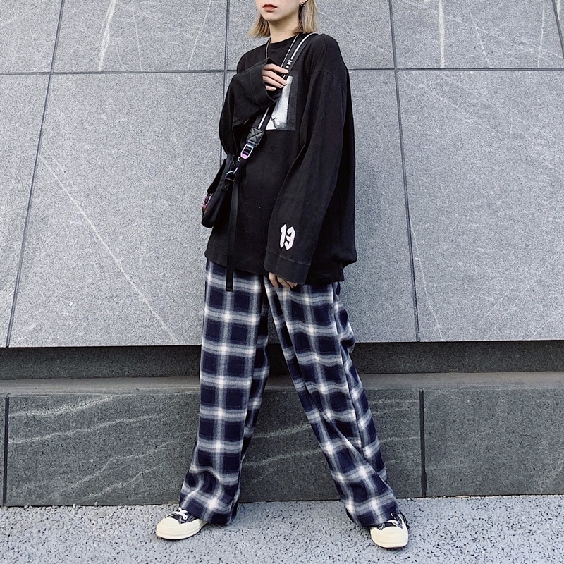 KTDA Japanese vintage brand straight leg drawstring pants for men and women couples loose and versatile casual check pants