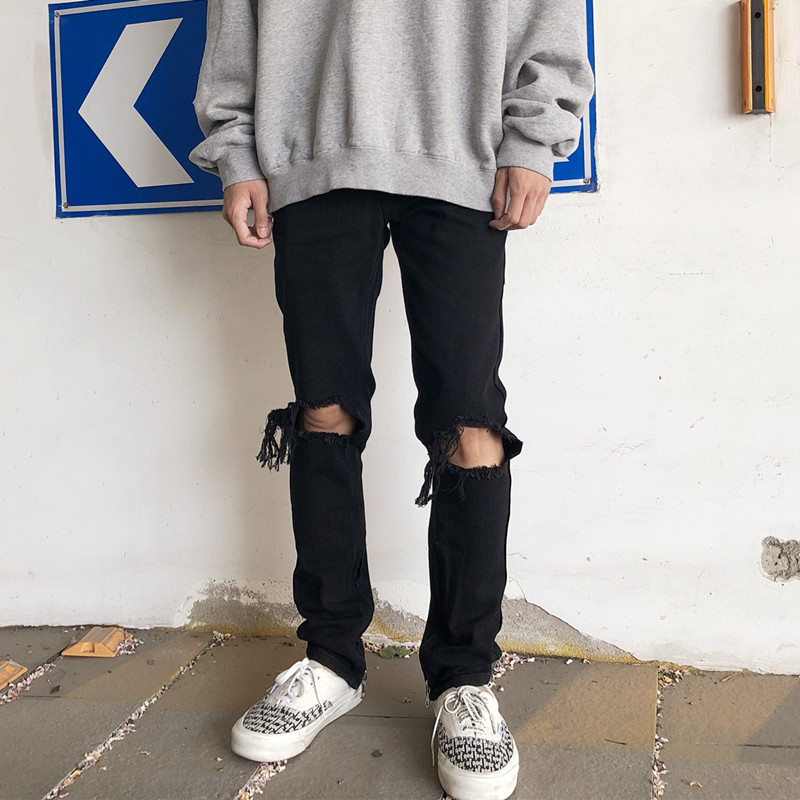 New Factor Summer high street destruction knife cut hole zipper jeans male and female couple hip-hop trendy brand casual pants