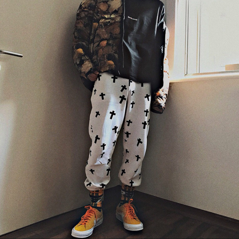 NECY cross printed big code sports bunch leg pants street tide sign pure cotton casual pants men and women same loose wear pants
