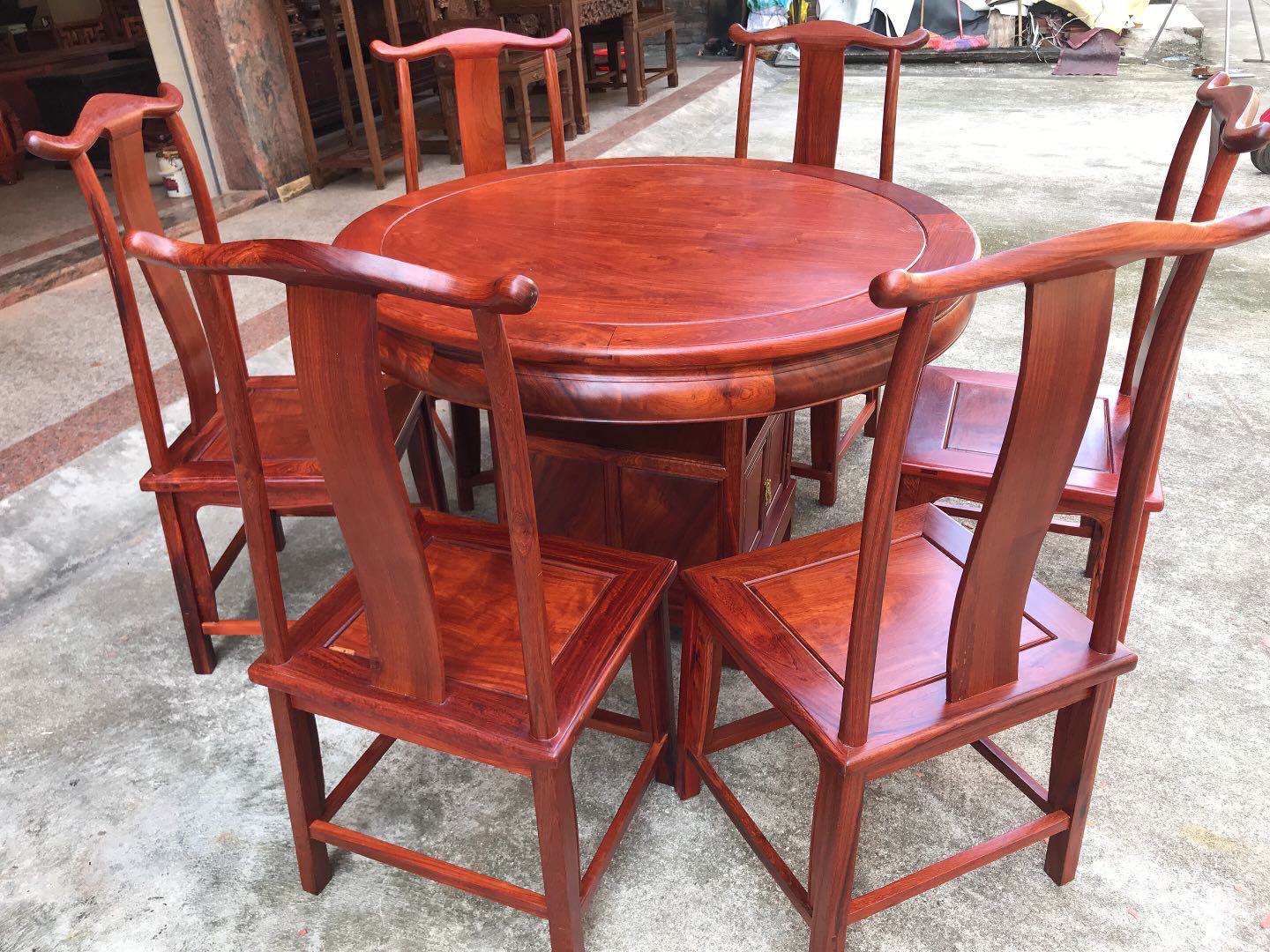 Mahogany furniture Myanmar flower pear dining table big fruit rosewood dining room round table solid wood round table antique Chinese official hat chair