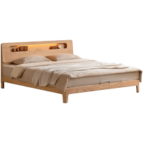 Genji Muyu solid wood bed oak double bed bedroom furniture Nordic home with socket luminous large bed storage bed