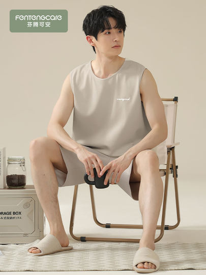 芬腾可安纯棉睡衣男款无袖背心短裤男士加肥加大码夏季薄款家居服