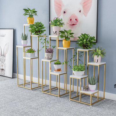 Nordic indoor multi-layer wrought iron flower stand Creative marble living room floor-standing flower stand Balcony succulent potted plant stand