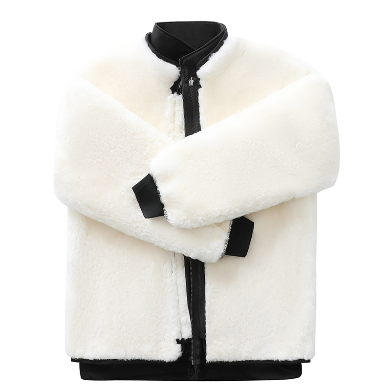 Stand-Collar Sheepskin and Fur Integrated Leather Jacket for Men, Warm and Thickened Sheepskin Leather Coat for the Elderly, Sheepskin Fur Top for Winter