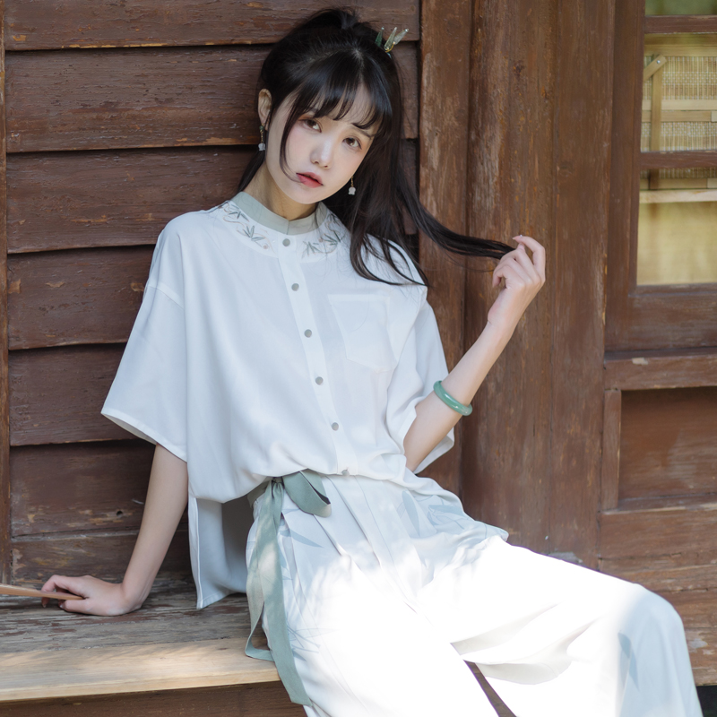 Kaudai Time: Green Bamboo Guangdong Daily Kit Shoulder Shoulder Shoulder Shoulder Shoulder Shirt Light printed broadleg pants