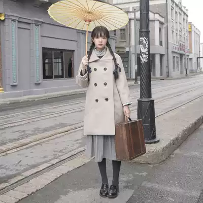 Chuan Dai: Original architecture design rice gray double-breasted retro loose woolen coat coat