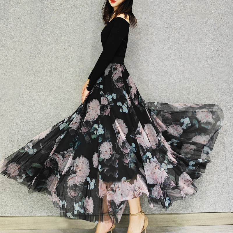 High-Waisted, Draped, Patchwork 540-Degree Flared Long Skirt, Pink Floral Print, Fashionable and Versatile, Slimming Midi Skirt, Plus Size