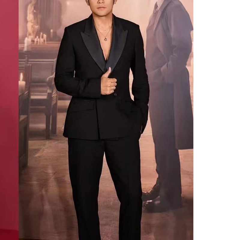 Cd Show-Style Black Wool Double-Breasted Silk Lapel Suit, Jay Chou's Same Style, High-End Minimalist Slim-Fit Suit