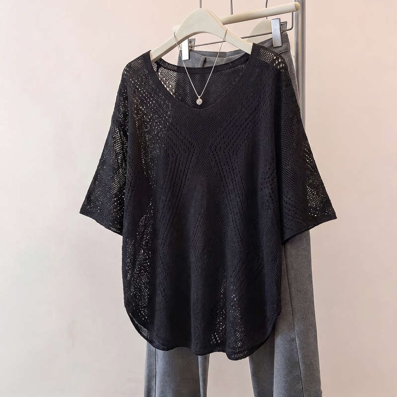 Black V-Neck Thin Hollow-Out Ice Silk Short-Sleeve Knit Top with Mesh for Women, Plus Size, Slimming Outerwear Blouse Black V-Neck Thin Hollow-Out Ice Silk Short-Sleeve Knit Top with Mesh for Women, Plus Size, Slimming Outerwear Blouse
