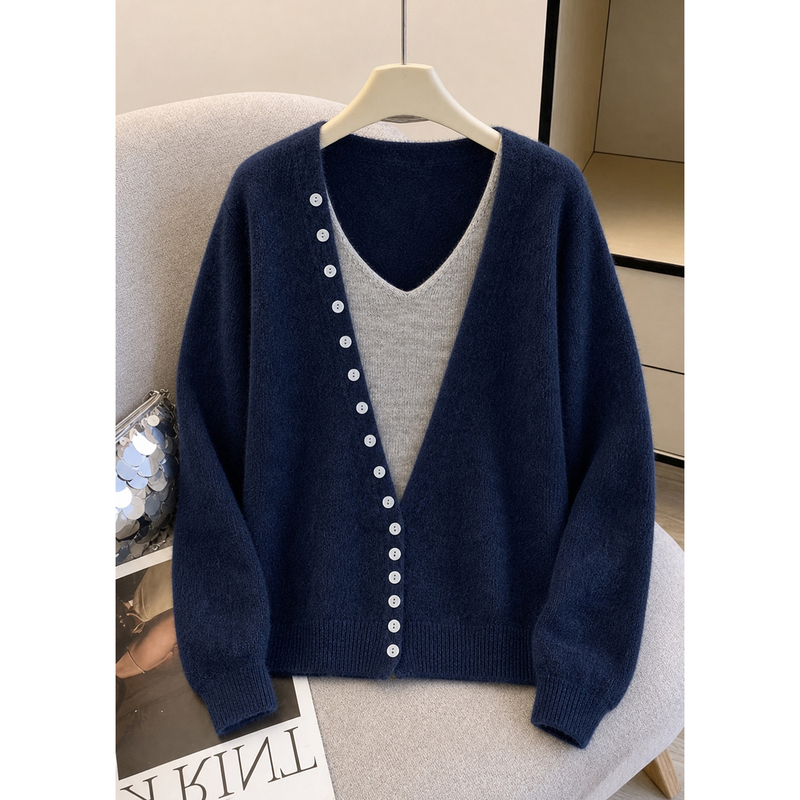 French-Style High-End Color-Blocking Faux Two-Piece Knit Sweater for Women, Autumn and Winter, Plus-Size, Loose, Casual, Versatile Outerwear Sweater