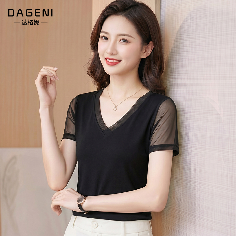 Black V-Neck Mesh Short-Sleeve T-Shirt for Women, Summer 2026 New Lace Half-Sleeve Base Shirt, Versatile Slimming Top