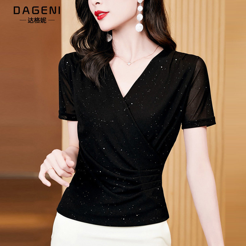 V-Neck Cross Mesh T-Shirt for Women, Short-Sleeved, New Summer Fashion, Waist-Cinching Base Shirt, Stylish Lace Top for Moms