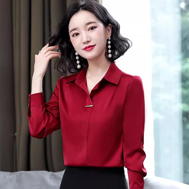 Red Silk Satin Women's Shirt Long-Sleeved Autumn Wear 2026 New Fashion Professional Shirt Women's Early Autumn Top Red Silk Satin Women's Shirt Long-Sleeved Autumn Wear 2026 New Fashion Professional Shirt Women's Early Autumn Top