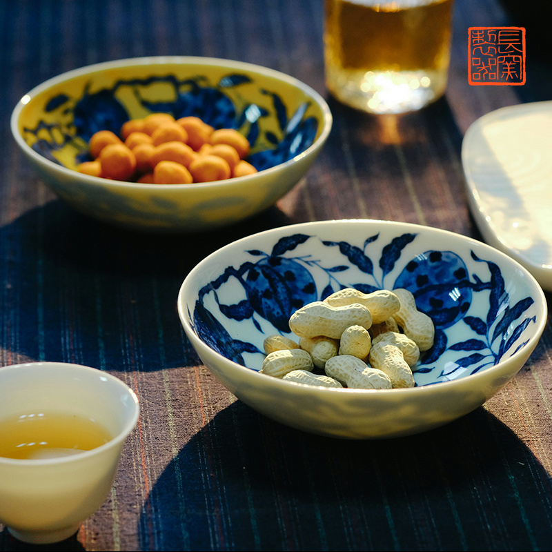 Longyao Pottery Peach Blossom Hand-Painted Blue and White Porcelain Bowl with Flat Base Jingdezhen Handmade Ceramic Tea Bowl