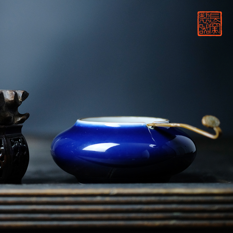 Jingdezhen Changwuju Changyao Pottery: Antique-Style Ceramic Water Basin with Blue and Gold Designs, Part of the Scholar's Study Series, Home Decor Item