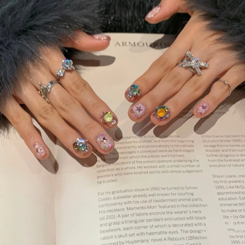 【Starry Galaxy】Handmade Wearable Nails French Vintage Magic Mirror Pink Nail Tips Ribbon Manicure Spring/Summer ins Style 【Starry Galaxy】Handmade Wearable Nails French Vintage Magic Mirror Pink Nail Tips Ribbon Manicure Spring/Summer ins Style