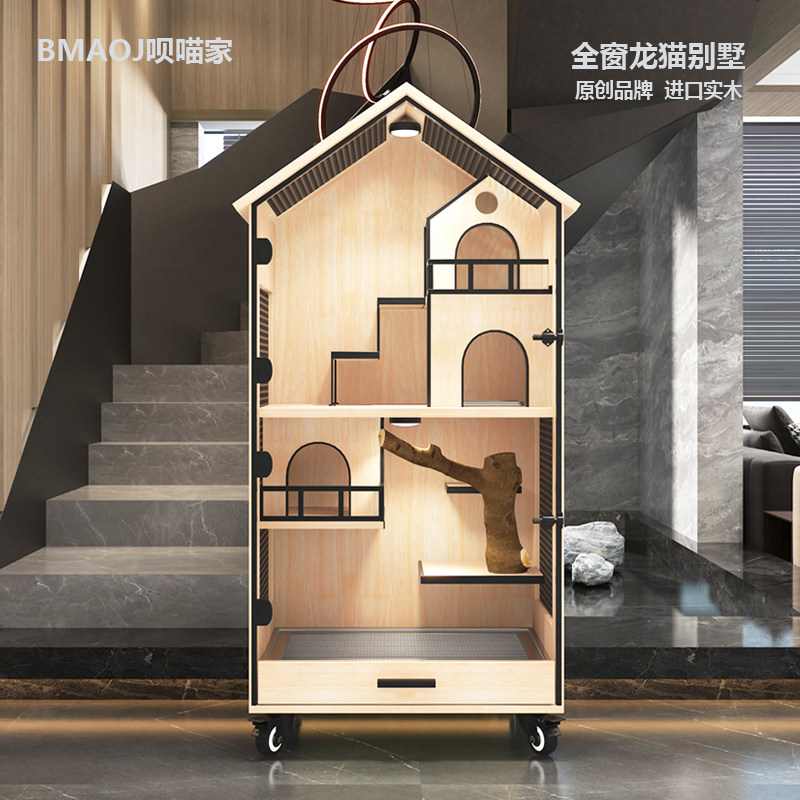 Totoro cabinet cage solid wood cage panoramic luxury villa anti-bite anti-gnaw blind date cage double-layer wooden house can be customized