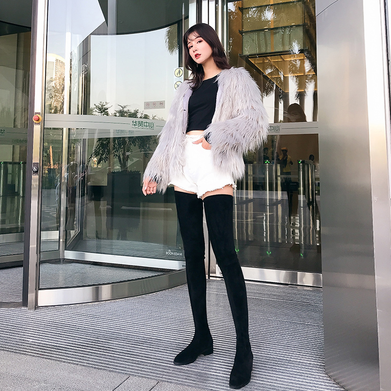 70cm Tall Women's Over-The-Knee Boots, Extra-Long Thigh Boots, Elastic Thigh-High Boots, Fleece-Lined, Large Size 42-45