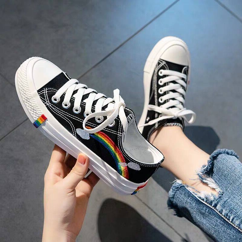 Rainbow canvas shoes women 2019 trendy shoes new Korean version of ulzzang board shoes ins students wild black cloth shoes