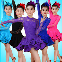 Childrens girl Latin dance dress conjoined girl lace long sleeve dance performance competition exercise regulations autumn and winter