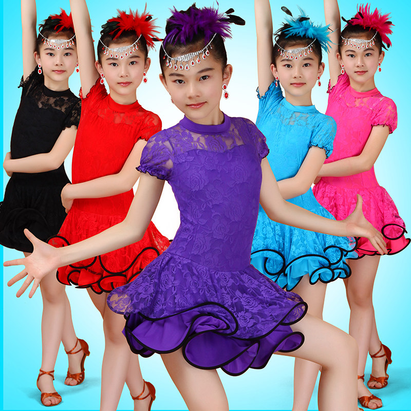 Children's female Latin dance dress girl with purple red dance performance Competition rehearsas to serve summer summer