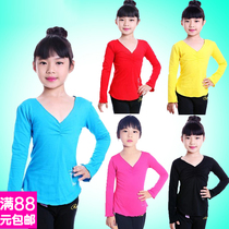Childrens Latin dance V-neck shirt long sleeve girl girl black one-piece Childrens grade examination practice dancing clothes autumn and winter