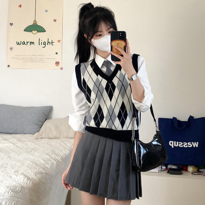 Retro Diamond Plaid Knitted Vest for Women in Autumn and Winter, Preppy Style V-Neck Layered Sleeveless Sweater Vest with Vest