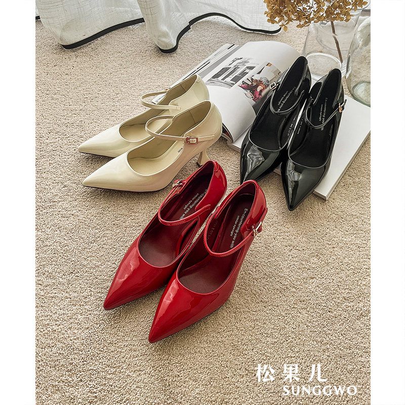 Jennie Style~ French Mary Jane Shoes for Women, Pointed Toe, Shallow Mouth, Single Strap, Wine Glass Heel, Elegant High Heels