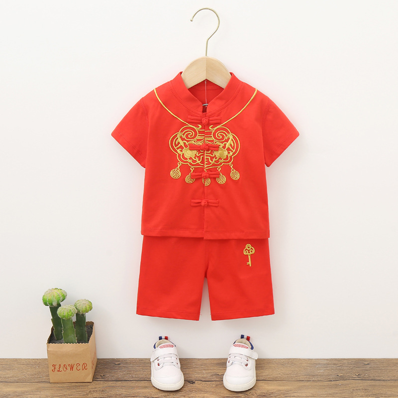 Men's baby summer short-sleeved suit baby catch week red Chinese style Tang suit one-year-old clothing birthday cotton short-sleeved thin section