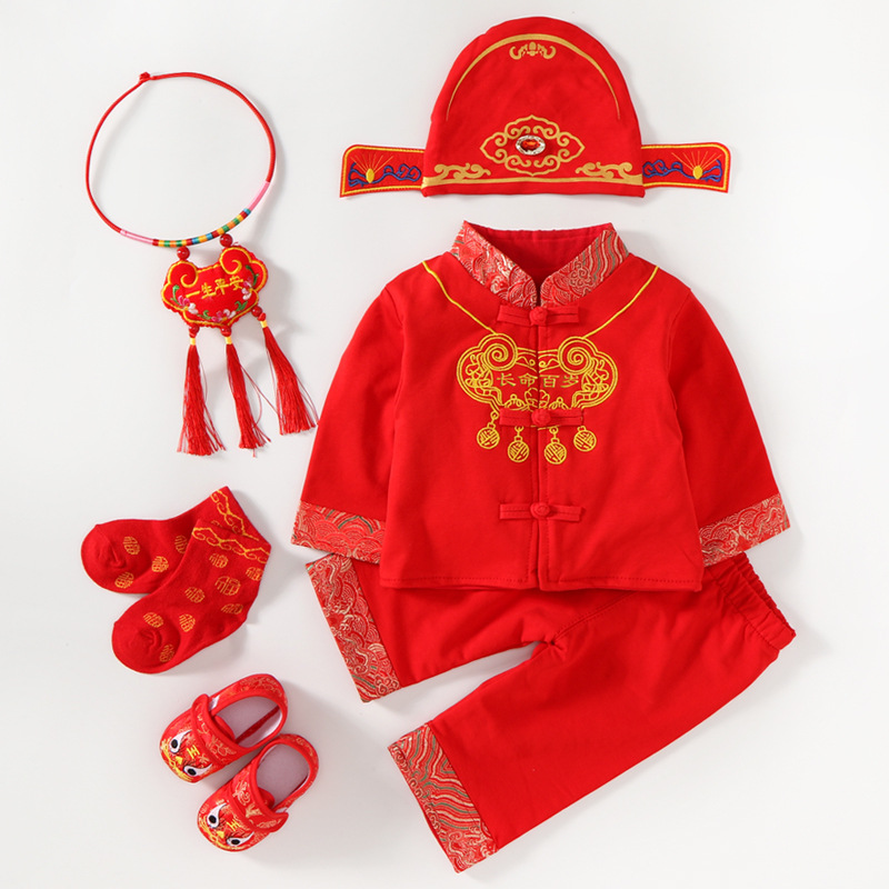 Children's baby full moon jumpsuit 100-day catch week clothes baby boy Chinese style spring and summer festive one-year-old Tang suit