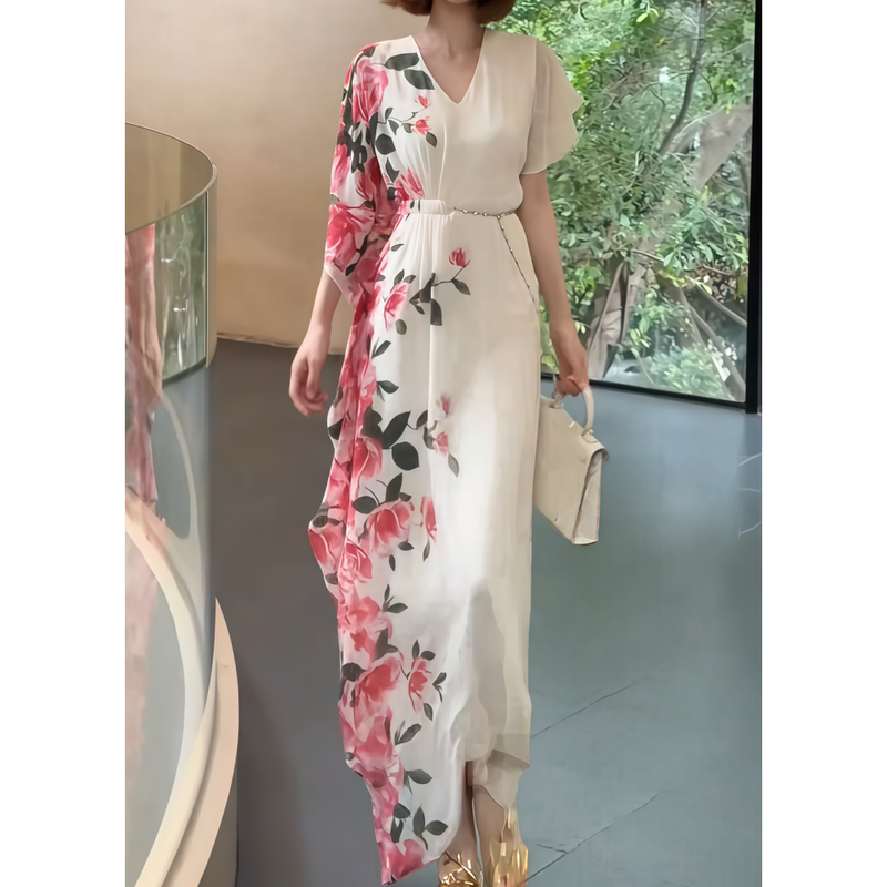 Half-Rose Print Spring-Summer New Style Watermark Gradient V-Neck Double-Layer Asymmetrical Long Dress Cape-Style Dress