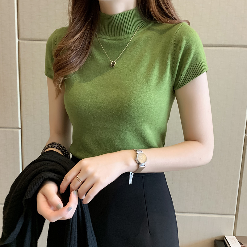 Half Turtleneck Base Shirt for Women, Summer 2026 New Korean Style Short-Sleeved Knit Top, Short Sweater Vest Top Half Turtleneck Base Shirt for Women, Summer 2026 New Korean Style Short-Sleeved Knit Top, Short Sweater Vest Top
