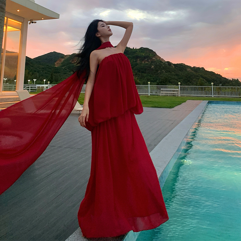 Beautiful Red Long Dress Set in Seaside Resort Style, Northwest Desert Travel Dress, Dressing Gown, Bridal Dress, Toast Dress, Formal Dress Beautiful Red Long Dress Set in Seaside Resort Style, Northwest Desert Travel Dress, Dressing Gown, Bridal Dress, Toast Dress, Formal Dress