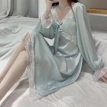 Silk pajamas womens spring autumn and summer 2022 new high-end sense net red ice silk long waist waist nightdress home service