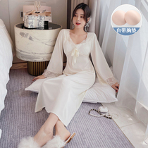 Silk pajamas womens spring and summer ice silk 2021 new vibrato net red hot style with chest pad long slim nightdress
