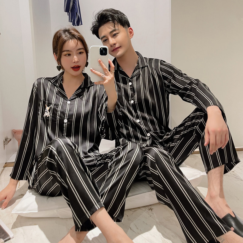 Couple pajamas women's spring and autumn ice silk wedding suit long-sleeved thin section men's Cai Xukun same casual home service