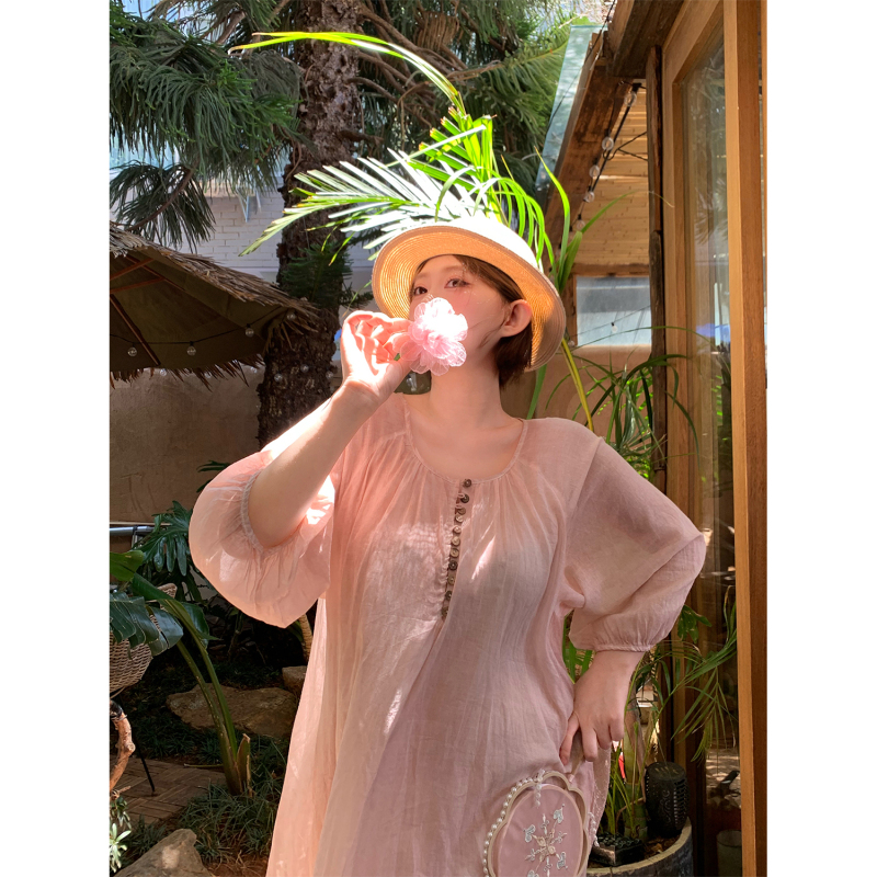Zhou Bai Zi 06/15 New Product [100% Cotton·Pearl Dress] New French-Style Waist-Cinching Holiday Long Dress for Slightly Plump Figures