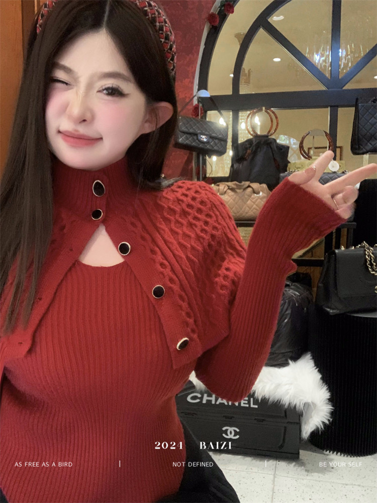 周白子 魔女宅急便 微胖修身顯瘦斗篷&V領毛衣真兩件女上衣秋|毛針織衫|ETMall東森購物網