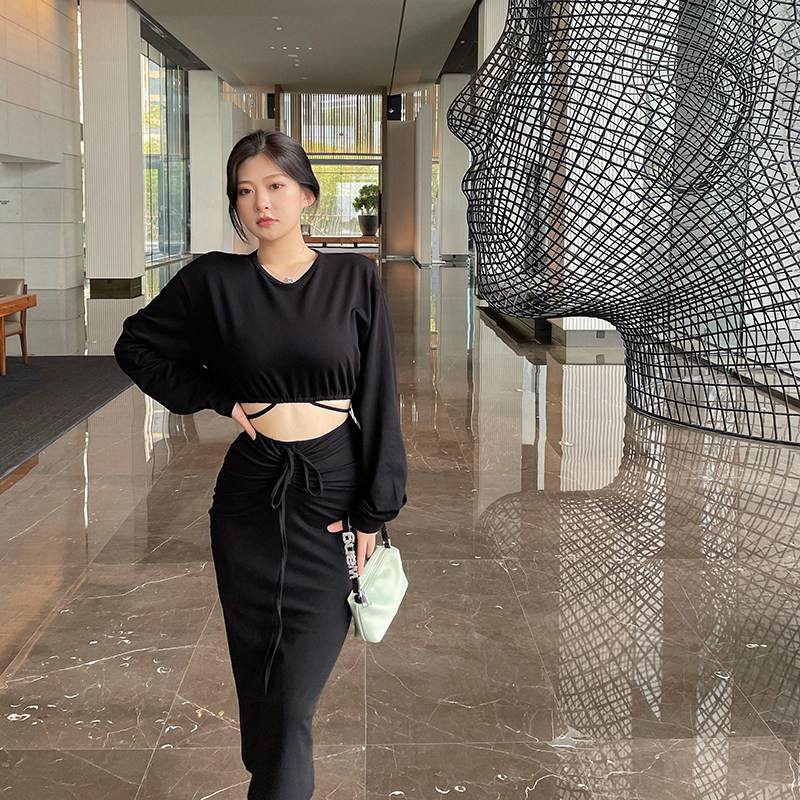 Zhou Baizi FOR YOU 2022 large size hot girl temperament bandage sweater skirt suit female slightly fat MM is thin