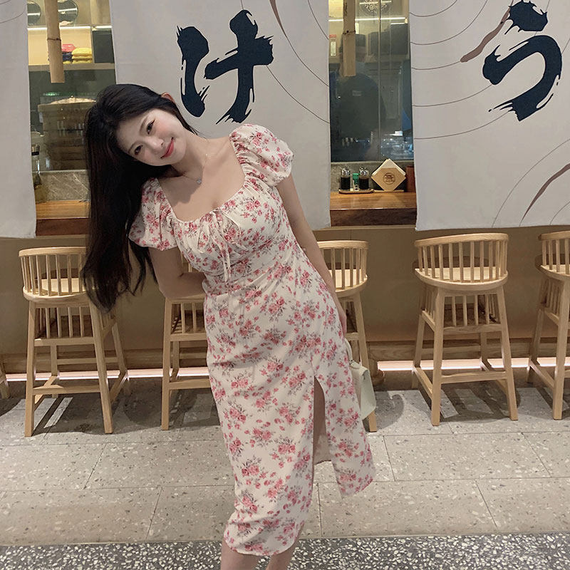 Zhou Baizi FORYOU2022 early spring new micro-fat girls to be thin and to be gentle pink and pink Flowers Foreign Dress