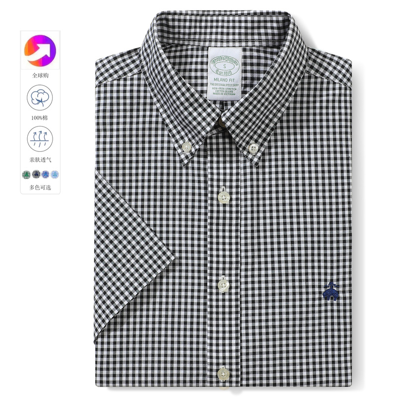 North American Purchase of Authentic Brooks Short-Sleeved Shirts, Business Casual, Pure Cotton, Non-Iron, Men's Plaid Shirts