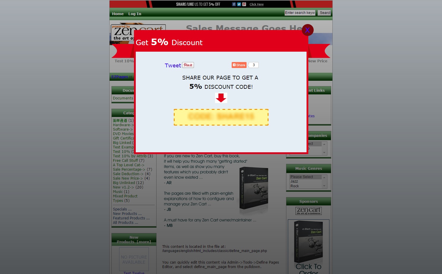 zencart 1 5x Social Sharing Discount plugin Discount Sharing Plugin