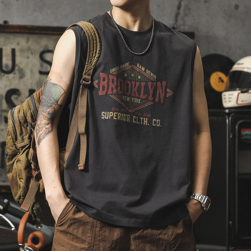 American Retro Pure Cotton Sleeveless T-Shirt, Summer Thin Style, Youth Sports Vest, Printed Tank Top, Short-Sleeved Trendy Style